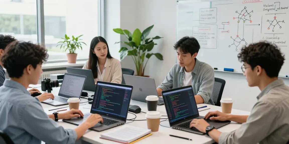 Team of diverse professionals collaborating on machine learning tools in a modern office setting.
