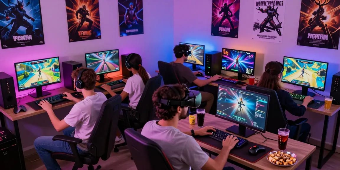 Exciting scene of diverse players enjoying porn games online in a vibrant gaming environment.