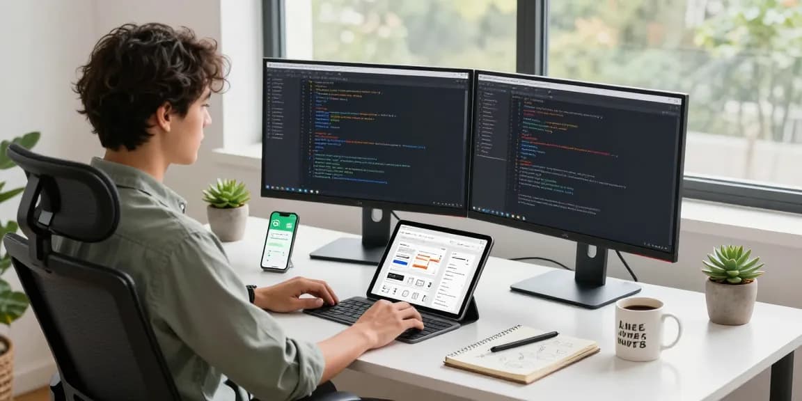 WhatsApp下載 scene in a modern home office showcasing a developer's workspace with coding screens and smartphone notifications.