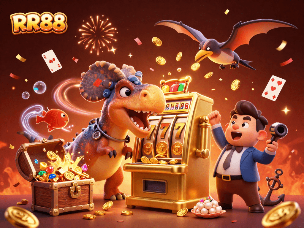 Experience RR88's jackpot moments with a dinosaur playing a golden slot machine in a vibrant casino scene.
