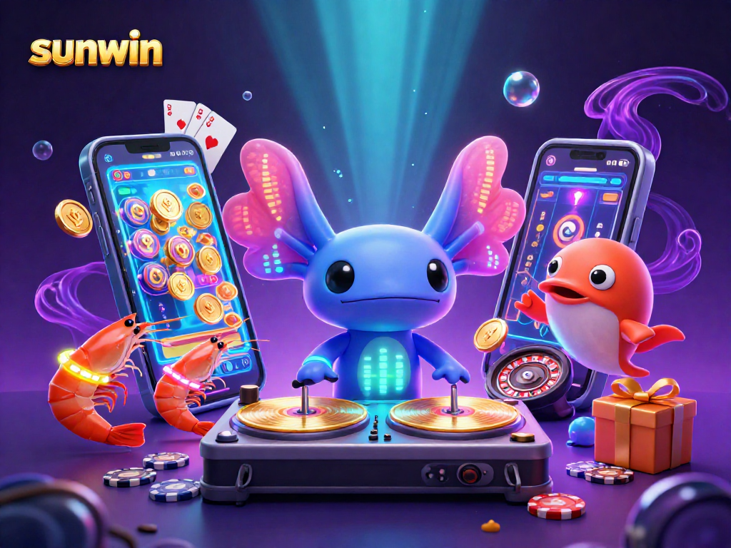 Experience sunwin's vibrant casino charm in a lively underwater scene with DJ axolotl and energetic sea life.