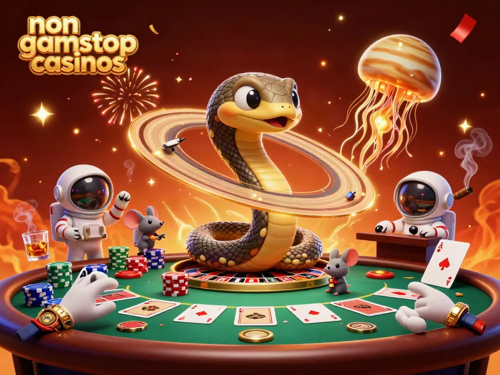 Betting in non gamstop casinos with cartoon snakes, astronauts, and poker chips in a cosmic setting