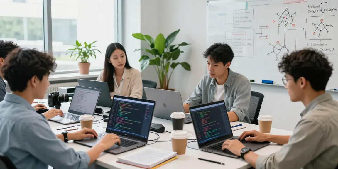 Team of diverse professionals collaborating on machine learning tools in a modern office setting.