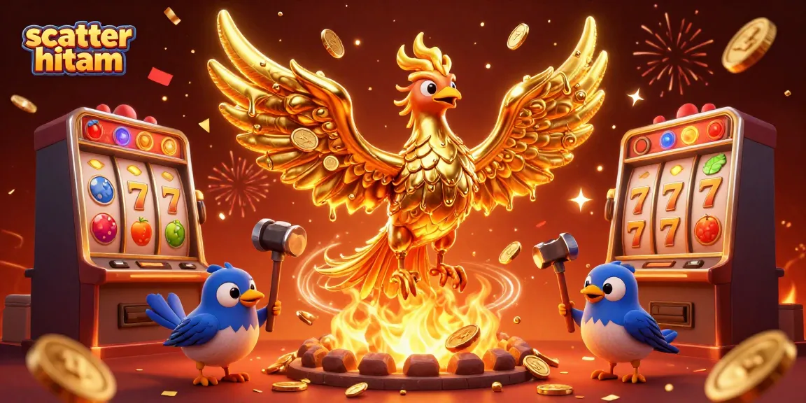 Experience the dynamic scatter hitam gaming scene with golden phoenix and slot machines.