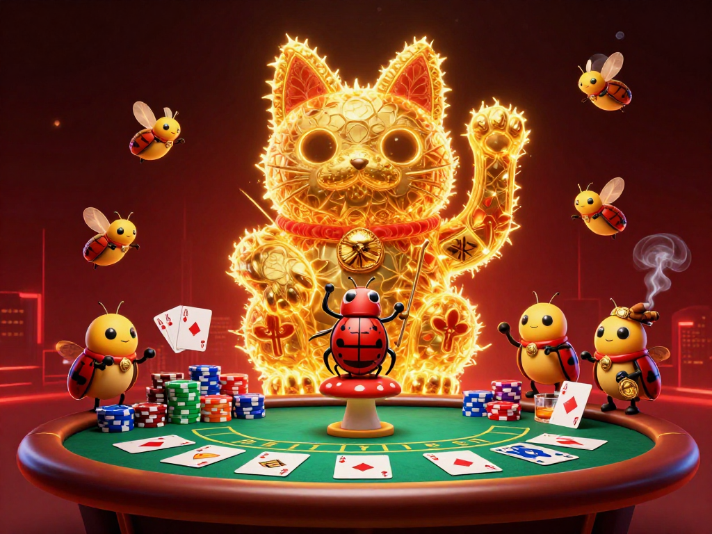 Play slot gacor mahjong through vibrant 3D casino imagery featuring a giant lucky cat and poker elements.