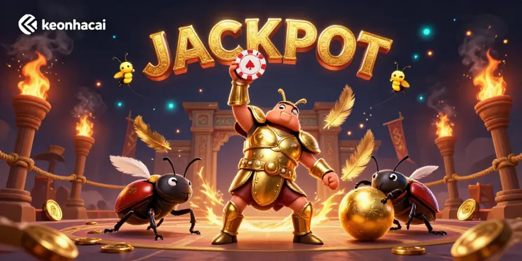 Engage with keonhacai's thrilling casino experience featuring dynamic characters celebrating a jackpot victory.