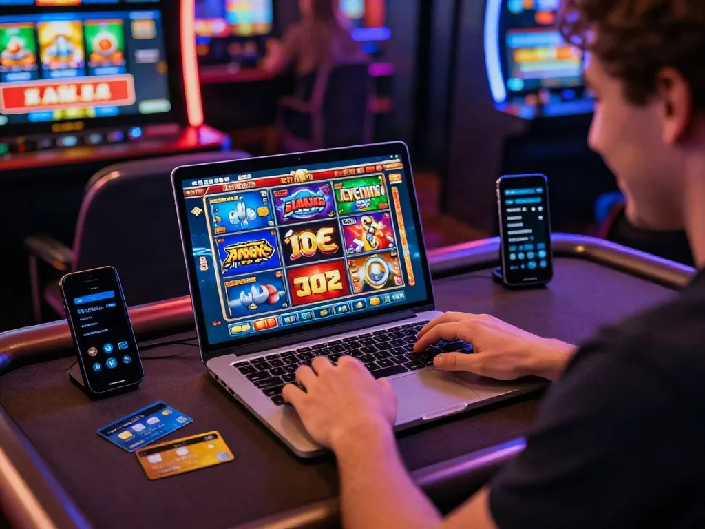 Player enjoying credit card slots games at a modern online casino with vibrant graphics.