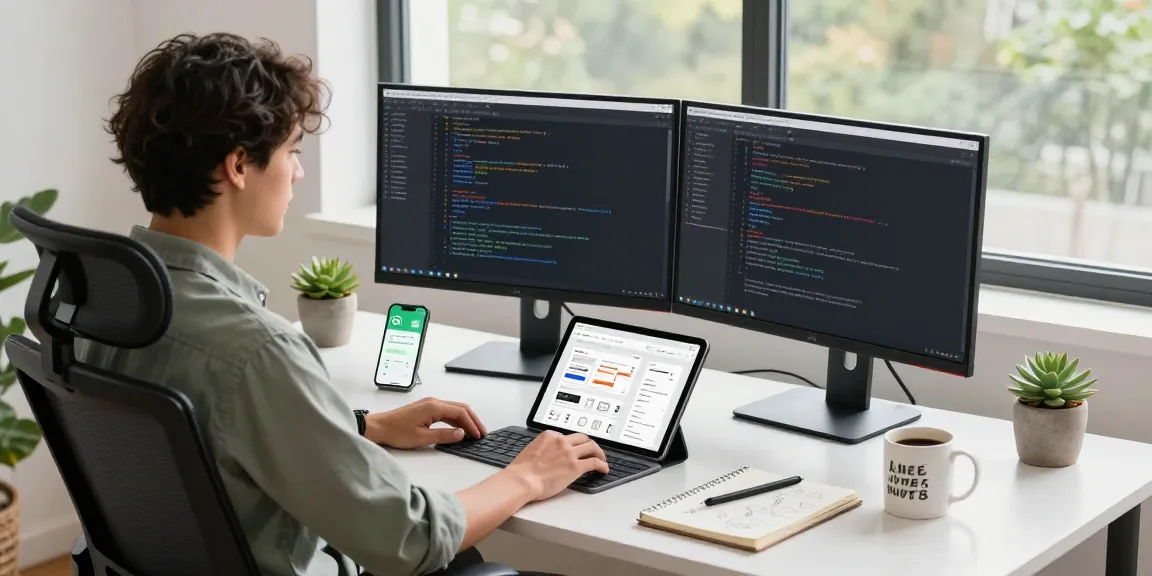 WhatsApp下載 scene in a modern home office showcasing a developer's workspace with coding screens and smartphone notifications.