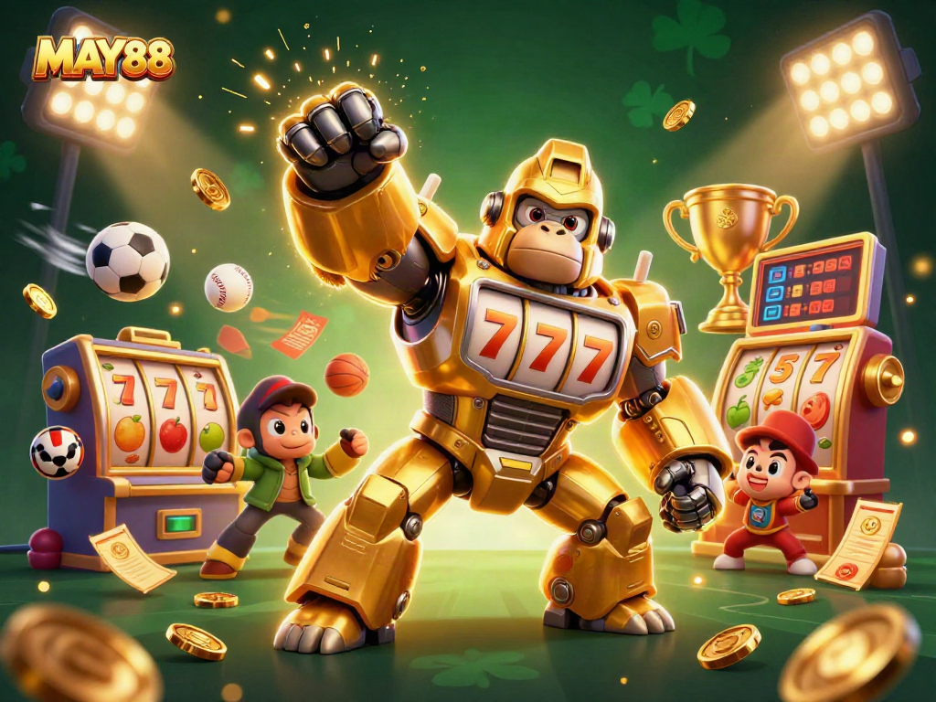 MAY88 showcases a thrilling casino experience with dynamic slot machines and sports elements.