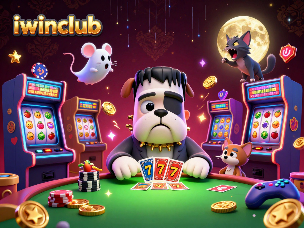Join the action at iwinclub, where a Frankenstein bulldog deals cards among vivid slot machines in a vibrant casino scene.