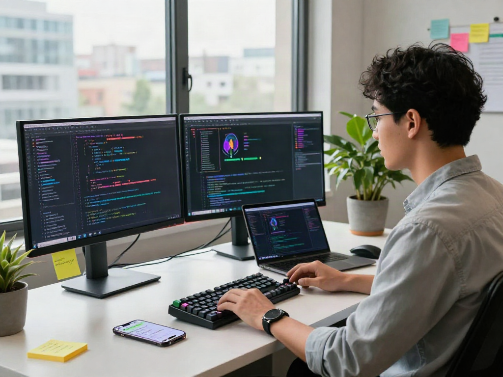 Developer coding in a vibrant workspace with spicy AI model elements including monitors and collaboration tools, captured in a modern tech atmosphere.