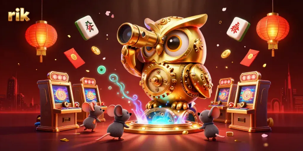 Engaging rik casino scene featuring a golden owl and playful wind-up mice amid vibrant elements