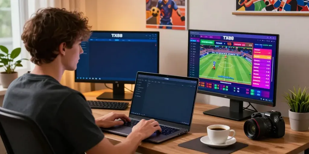Engaging with the TX88 platform for live sports betting at home, featuring modern digital setup.