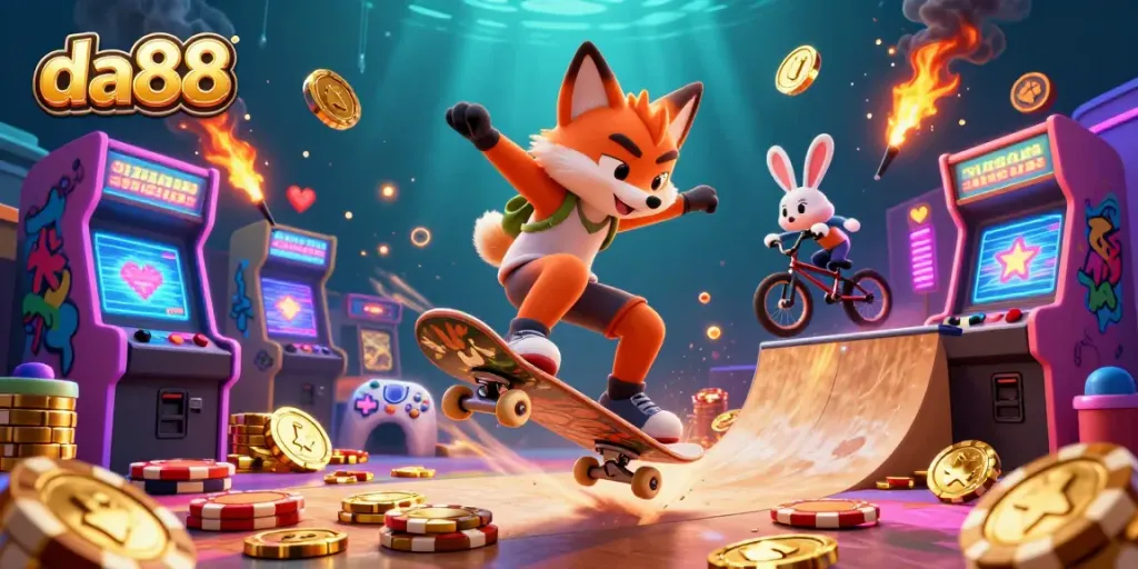 Experience thrilling casino vibes with da88 featuring a fox skateboarder and a BMX rabbit in action.