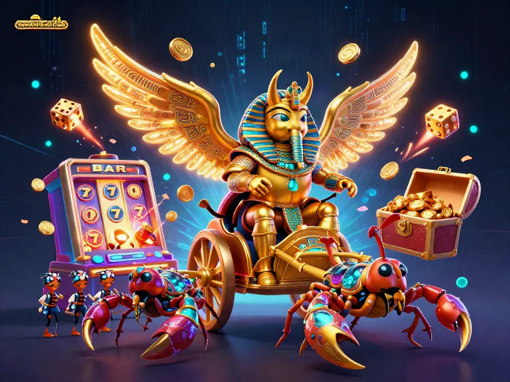 Experience the excitement of norwichtrafficclub with a dynamic casino scene featuring a golden scarab beetle and slot machine.