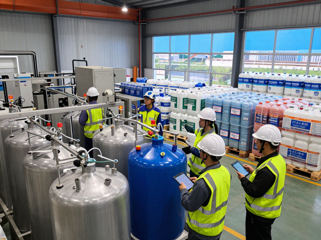 Workers in safety gear managing industrial chemicals wholesale in a modern manufacturing facility.