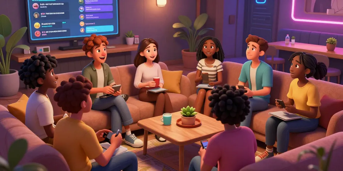 Interactive scene of adults engaging with ai 18+ characters in a vibrant virtual lounge, showcasing diverse interactions.