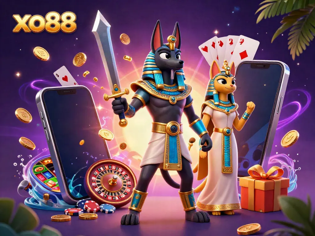 Experience thrilling gaming at xo88 with Anubis and Bastet amidst vibrant slot game action.