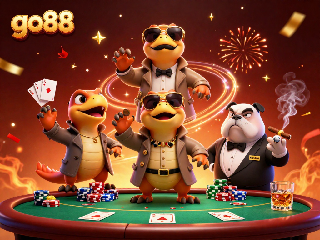 Experience thrilling gameplay at go88 with cartoon raptors attempting entry into a VIP casino lounge.