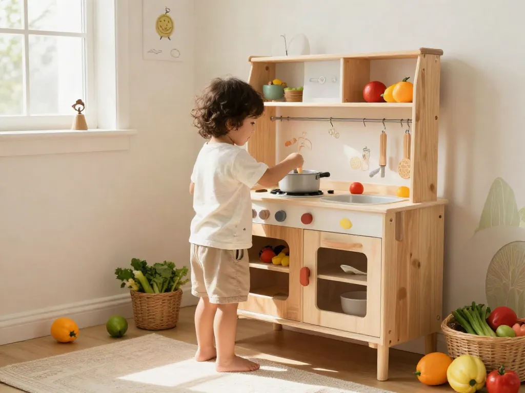 Child exploring a wooden kitchen set, surrounded by vibrant toy fruits and vegetables, inspiring imaginative play.