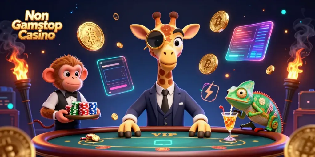 Engage with Non Gamstop Casino featuring a high-roller giraffe and neon crypto coins.