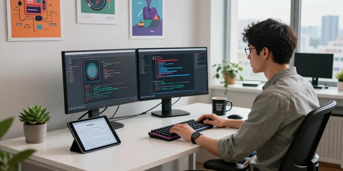 Engaged developer coding on AI projects in a modern workspace, showcasing spicy AI technology.
