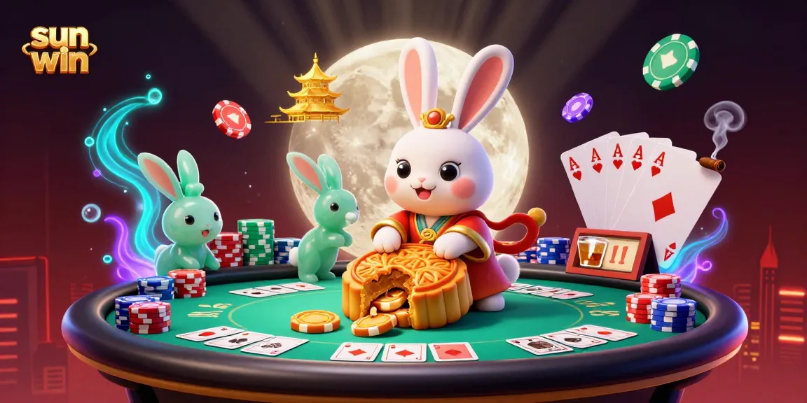 Engage in the sun win experience with the moon rabbit in a vibrant lunar poker scene.