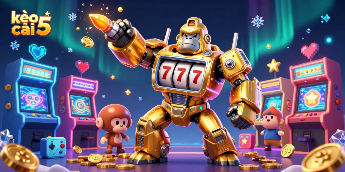 Engage with kèo nhà cái 5 through a vibrant 3D illustration of a golden gorilla mech and arcade elements.