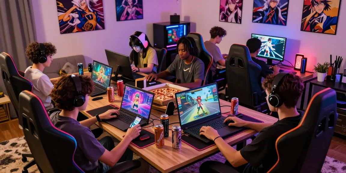 Players enjoying an online hentai game in a vibrant gaming setup with diverse devices.