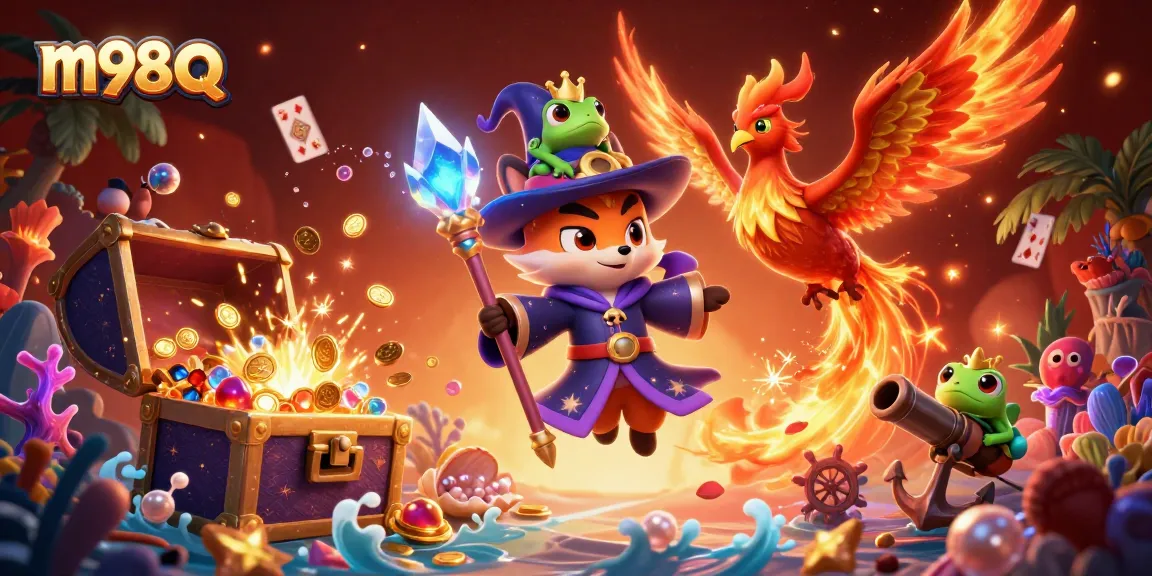 Engage with thrilling m98 q gaming through a mystical wizard fox, phoenix, and enchanted treasure