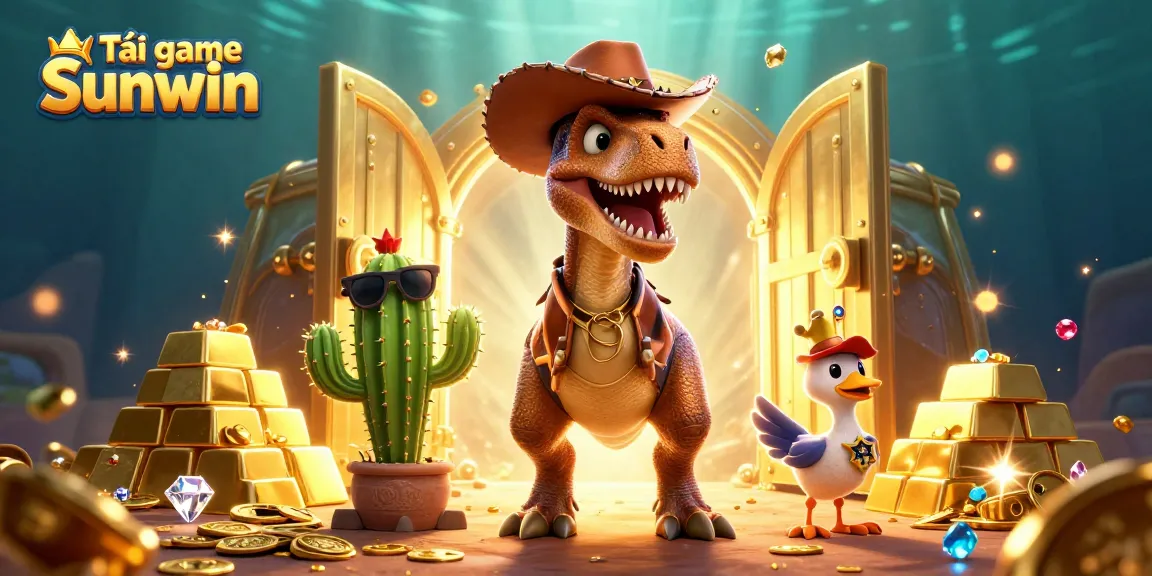 Immerse yourself in Tải game Sunwin, featuring vibrant 3D characters amidst a treasure-filled casino.