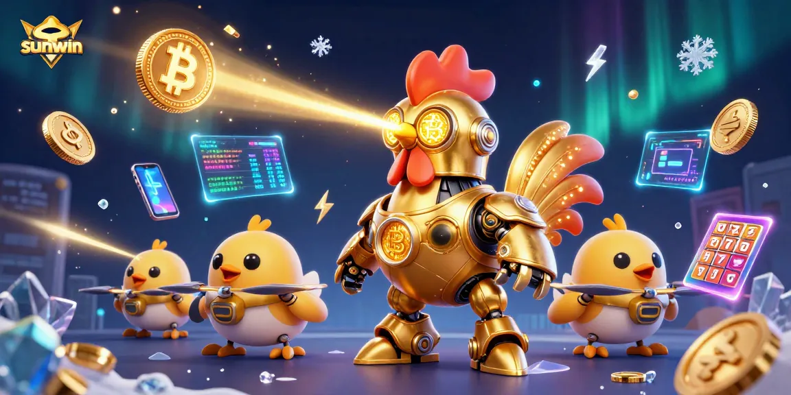 Win big at sunwin with a vibrant 3D casino scene featuring a golden rooster robot and cryptocurrency elements.