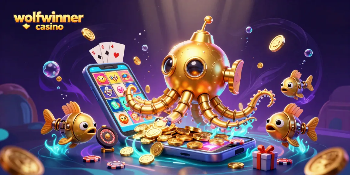 Experience the excitement of wolfwinner casino with a golden kraken submarine and mechanical fish amidst vibrant game elements.